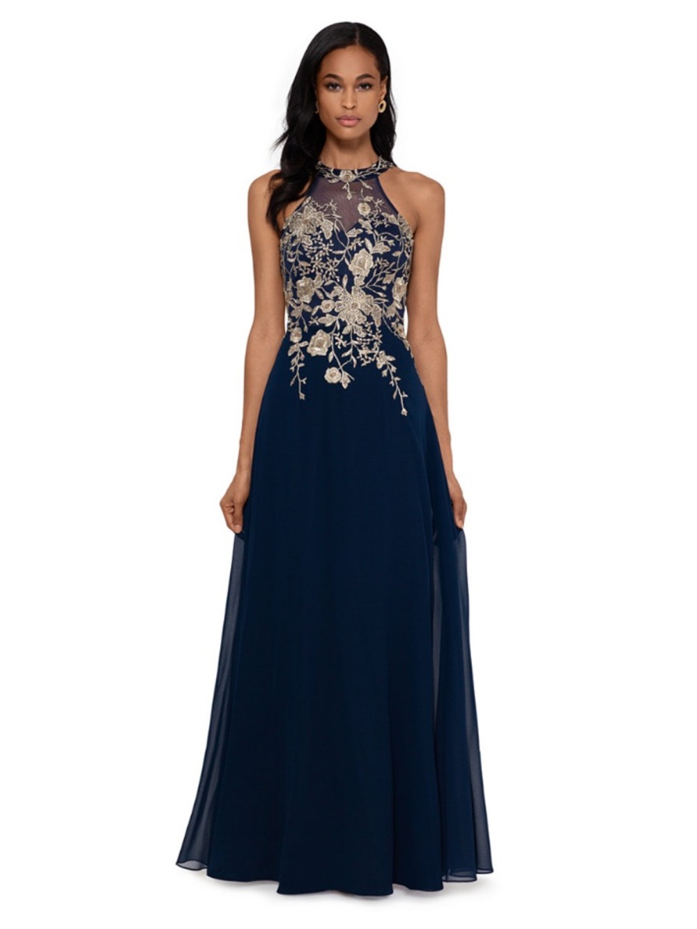 Like New, Navy & Gold Embroidered Chiffon Gown w/ Halter Neckline